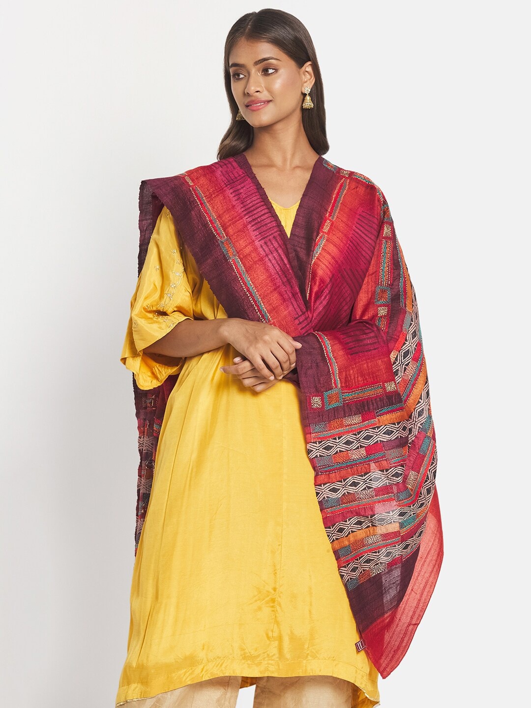 

Fabindia Maroon & Purple Ethnic Motifs Printed Pure Silk Dupatta with Kantha Work