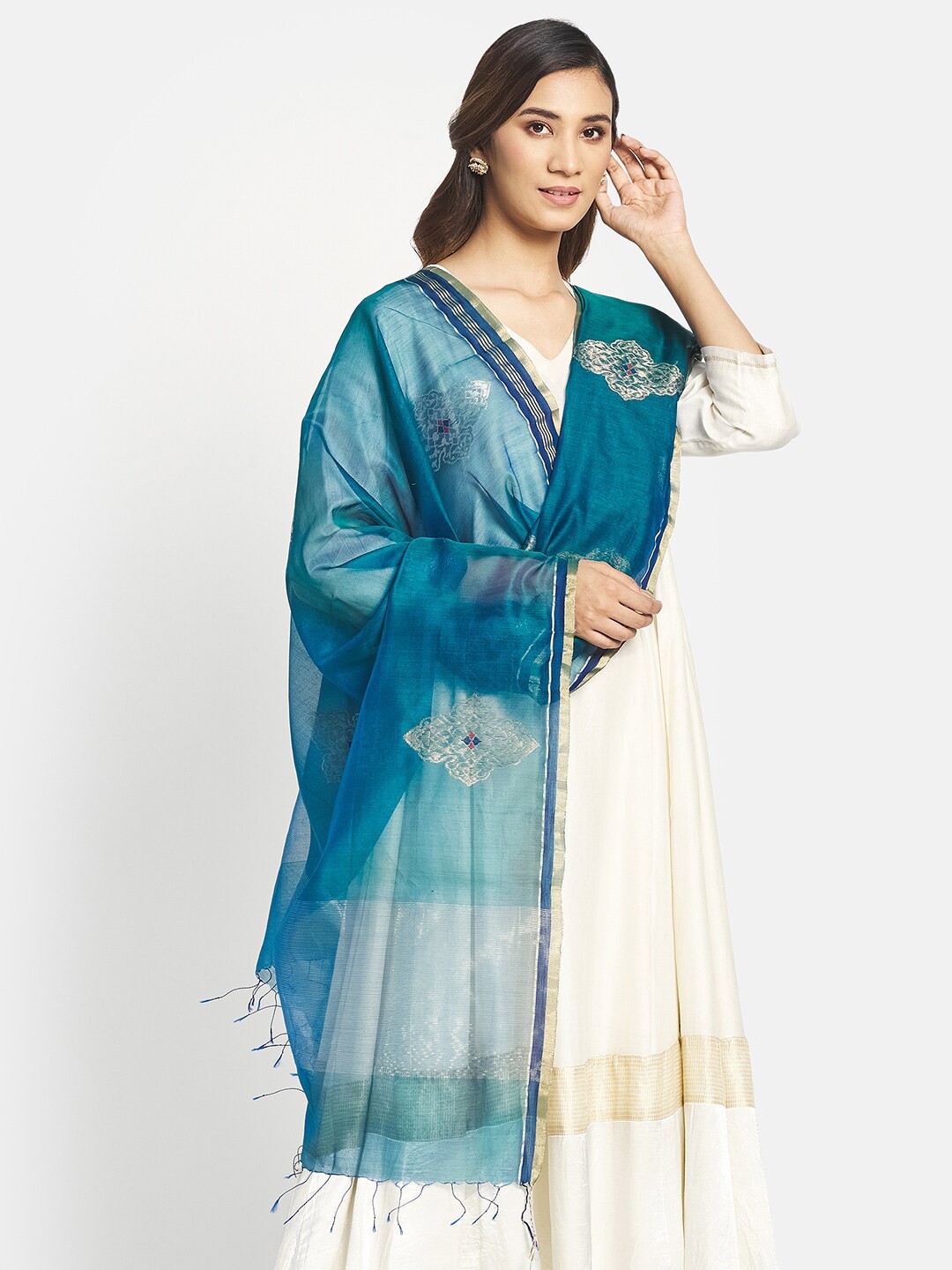 

Fabindia Teal & Gold-Toned Ethnic Motifs Woven Design Cotton Silk Dupatta with Zari