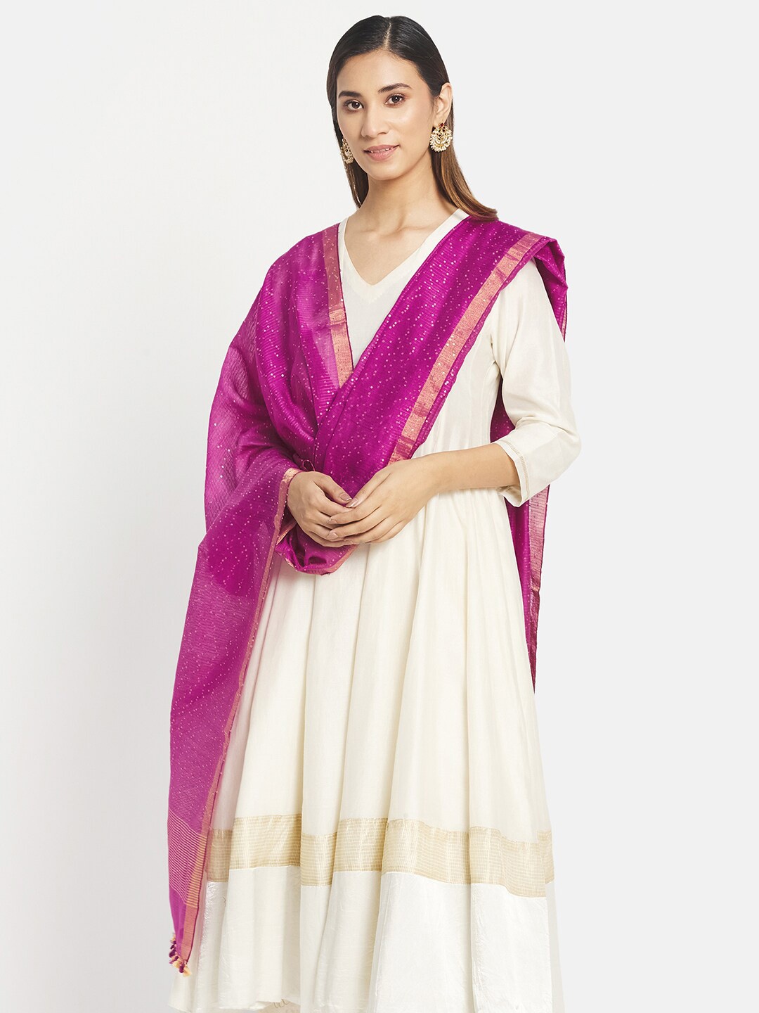 

Fabindia Pink & Gold-Toned Woven Design Viscose Rayon Dupatta with Zari & Tassel