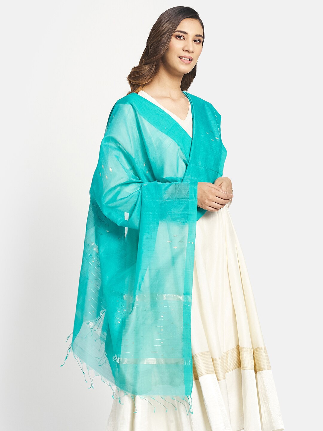 

Fabindia Blue & Gold-Toned Woven Design Cotton Silk Dupatta with Zari