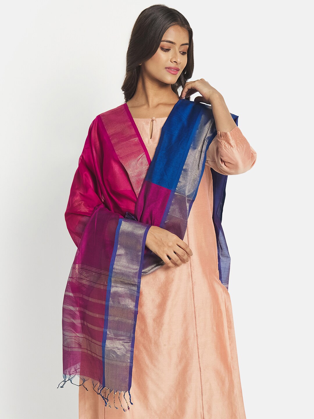 

Fabindia Women Blue & Magenta Colourblocked Cotton Silk Dupatta