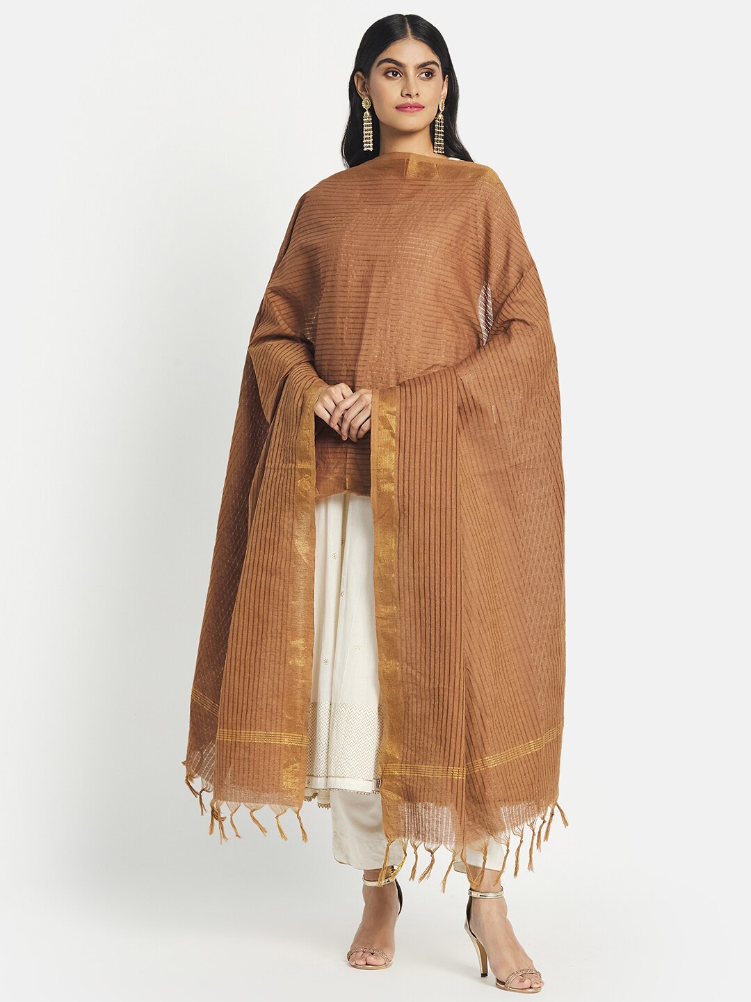 

Fabindia Women Brown & Gold Striped Pure Cotton Dupatta