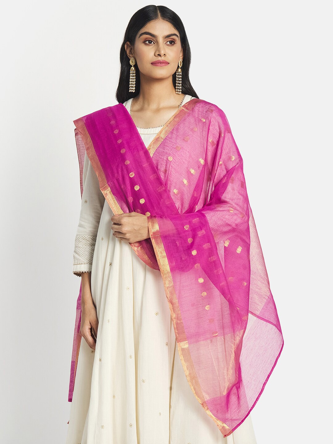 

Fabindia Pink & Gold-Toned Woven Design Cotton Silk Dupatta