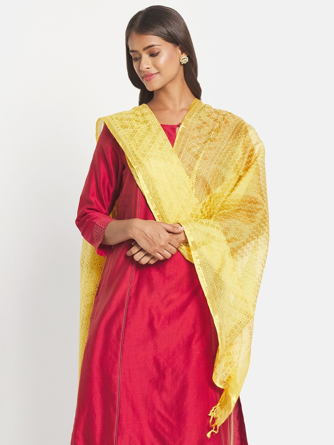 

Fabindia Yellow & Gold-Toned Printed Pure Silk Dupatta