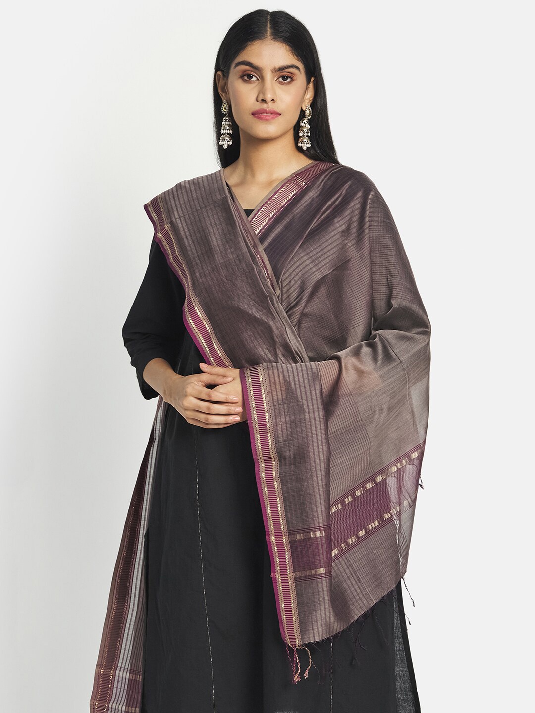 

Fabindia Grey & Gold-Toned Woven Design Cotton Silk Dupatta