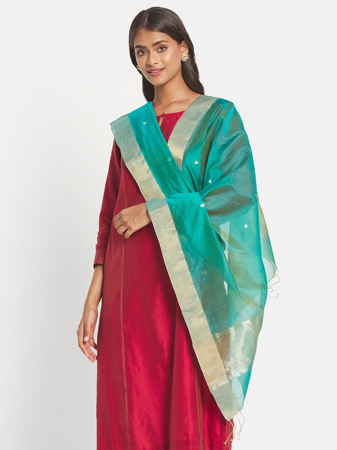 

Fabindia Women Turquoise Blue & Gold Solid Cotton Silk Dupatta