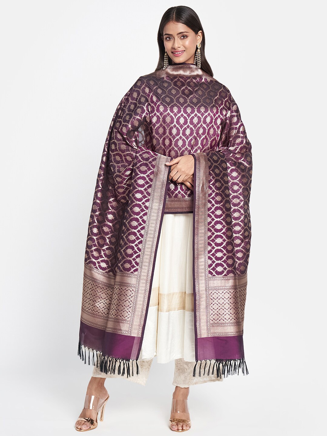 

Fabindia Purple & Gold-Toned Ethnic Motifs Woven Design Dupatta with Zari