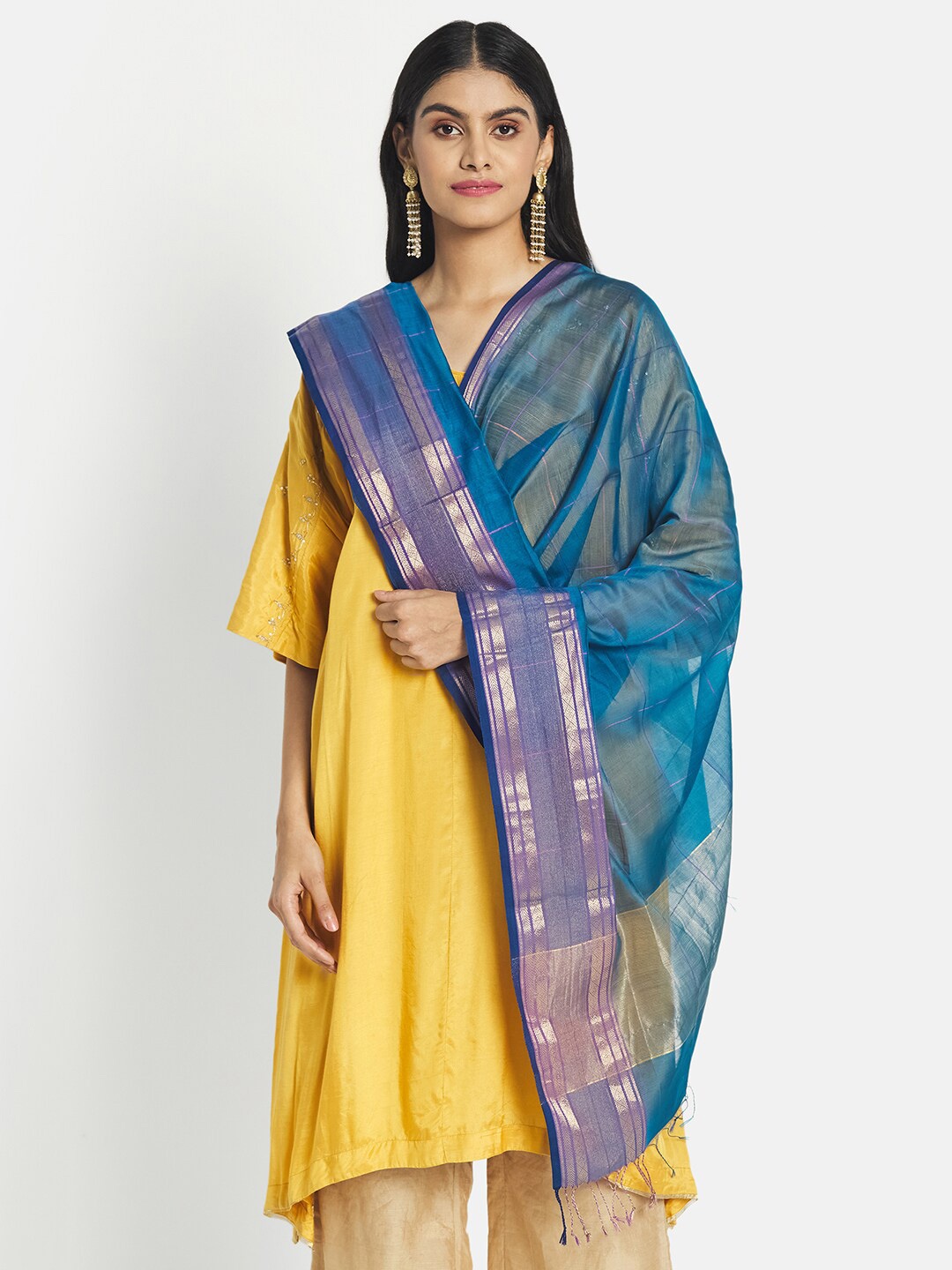 

Fabindia Turquoise Blue & Gold-Toned Woven Design Cotton Silk Dupatta with Zari