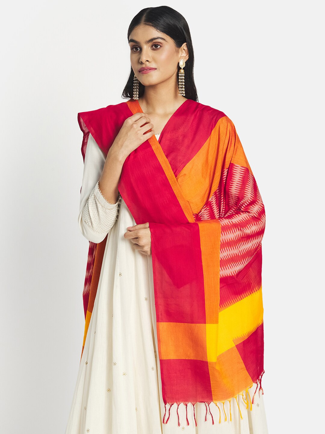 

Fabindia Red & Yellow Striped Pure Cotton Ikat Dupatta