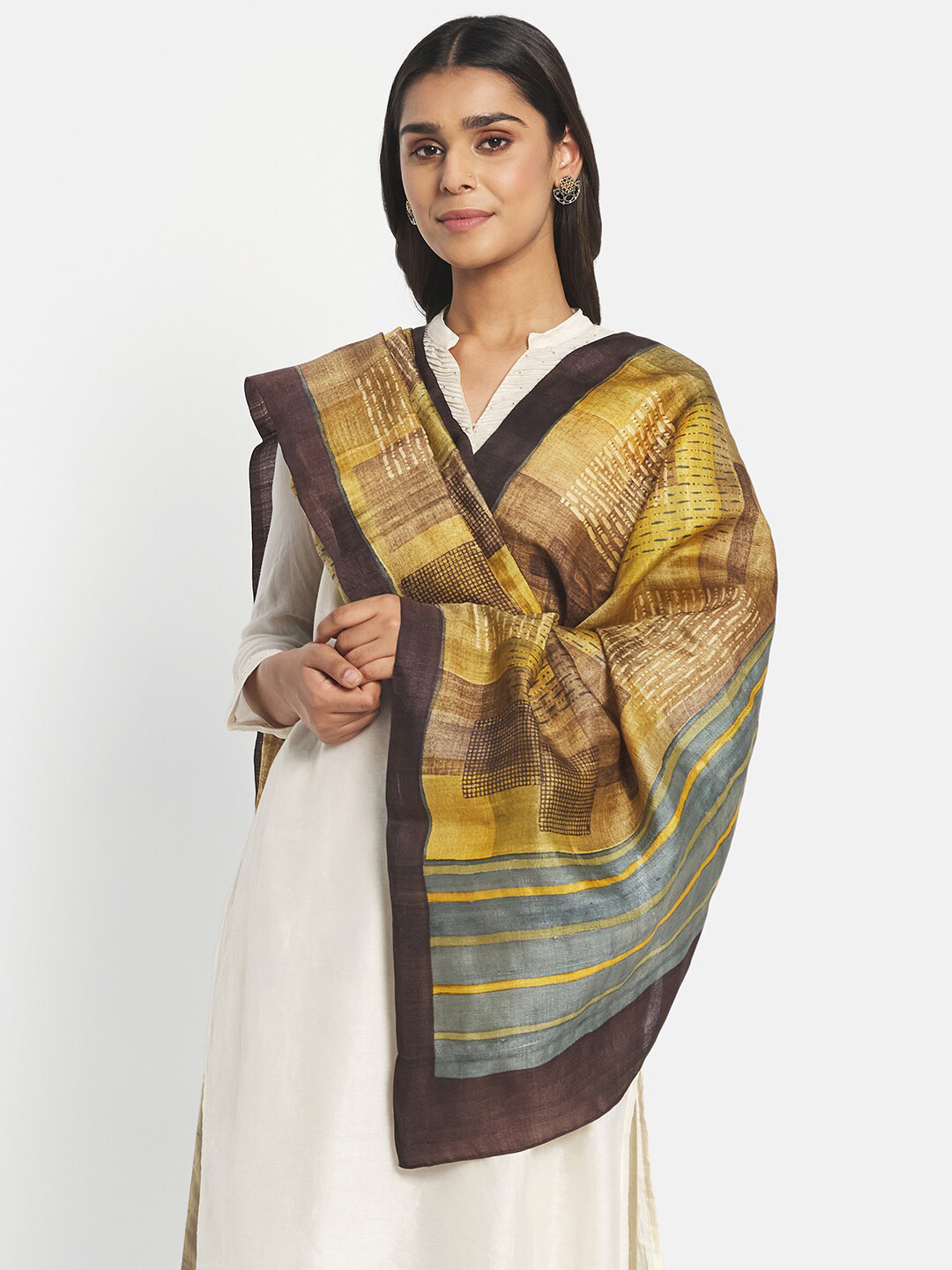 

Fabindia Yellow & Brown Printed Pure Silk Block Print Dupatta