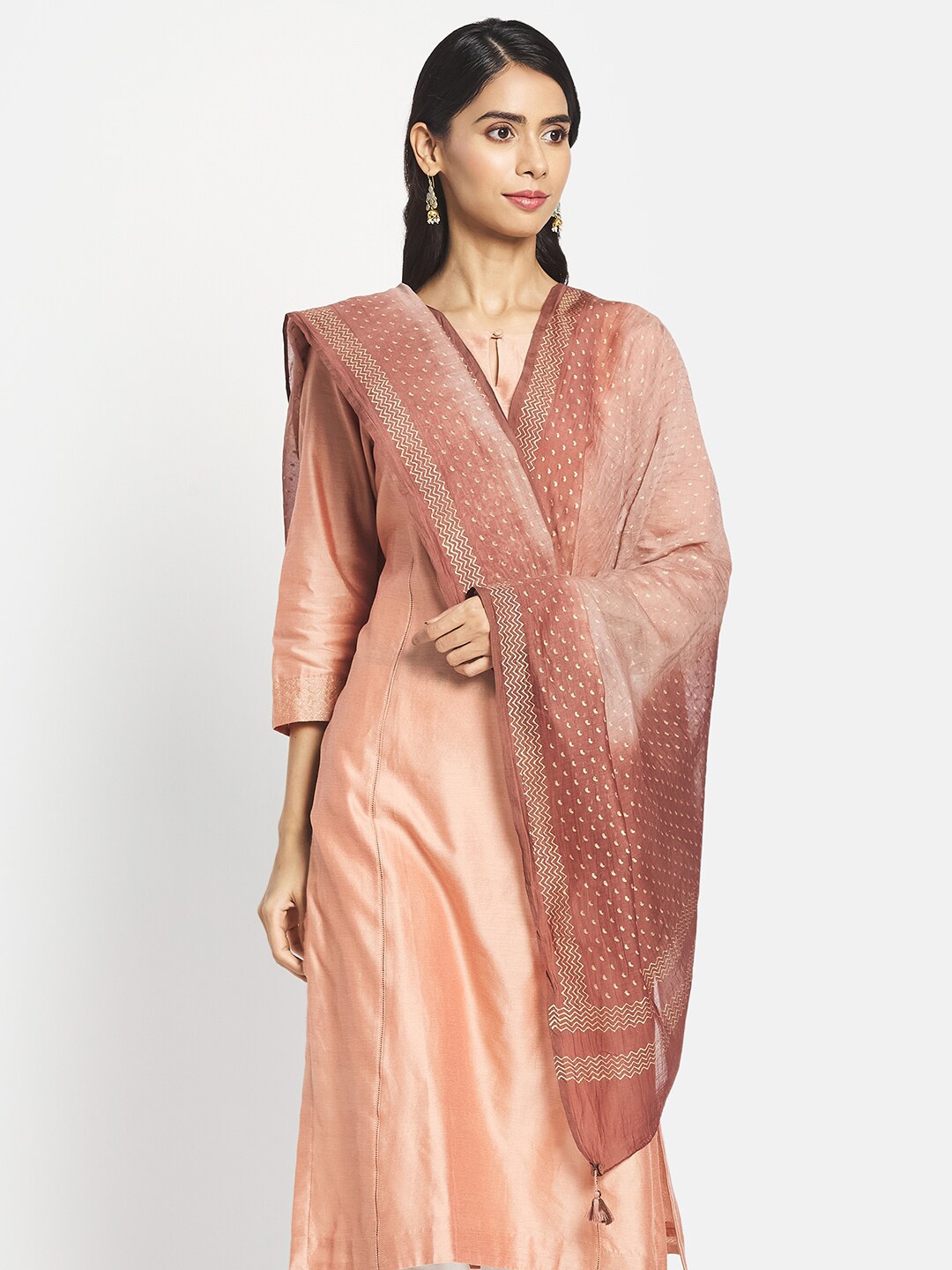 

Fabindia Ethnic Motifs Printed Hand Block Print Cotton Silk Dupatta, Peach