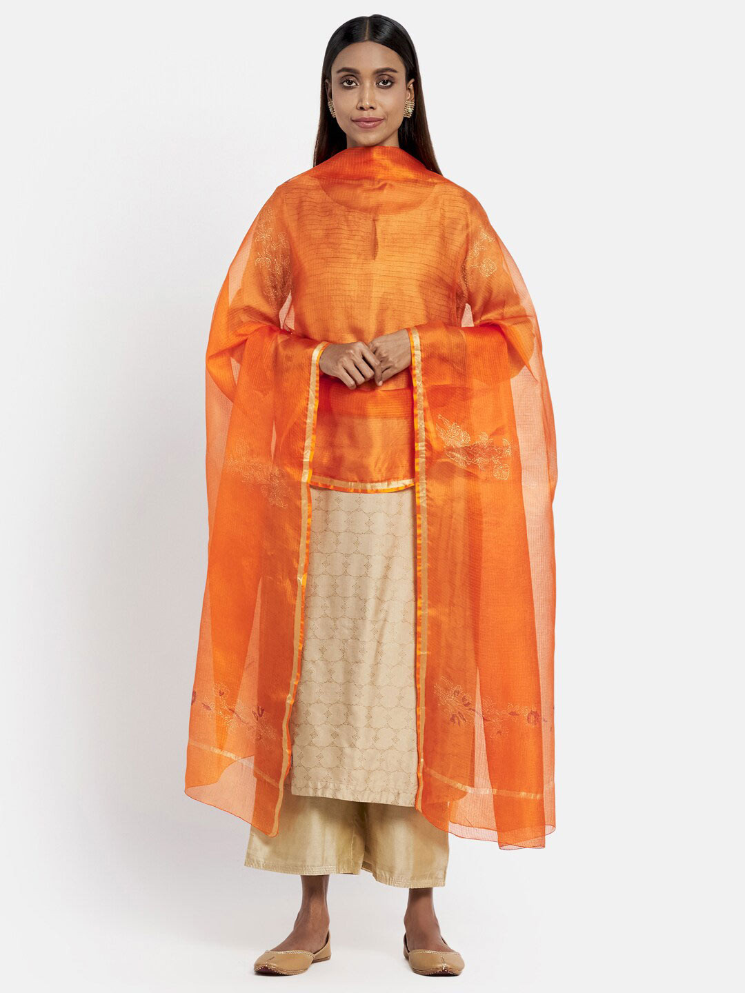 

Fabindia Orange & Gold-Toned Woven Design Pure Silk Block Print Dupatta