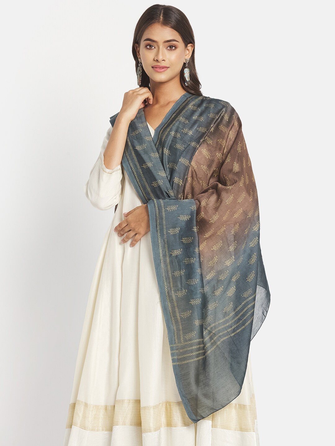 

Fabindia Blue & Brown Printed Cotton Silk Block Print Dupatta