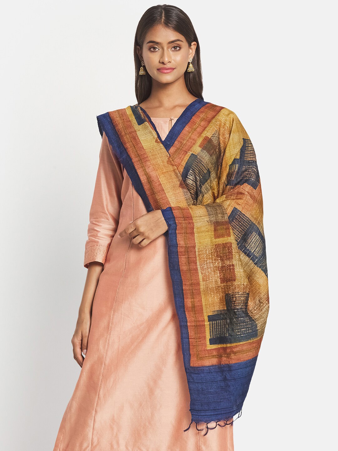 

Fabindia Blue & Brown Printed Pure Silk Block Print Dupatta