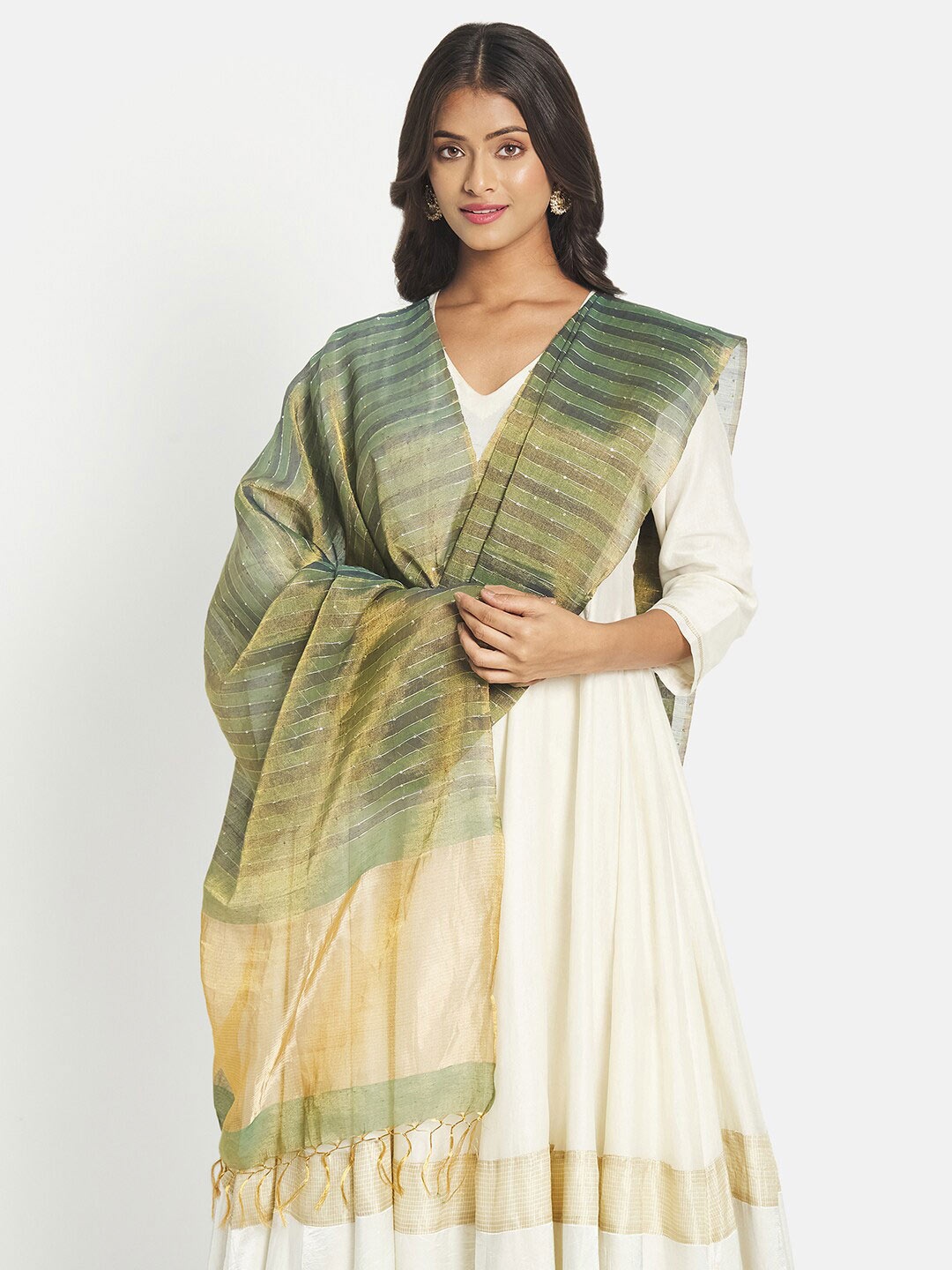

Fabindia Green & Beige Woven Design Cotton Silk Dupatta