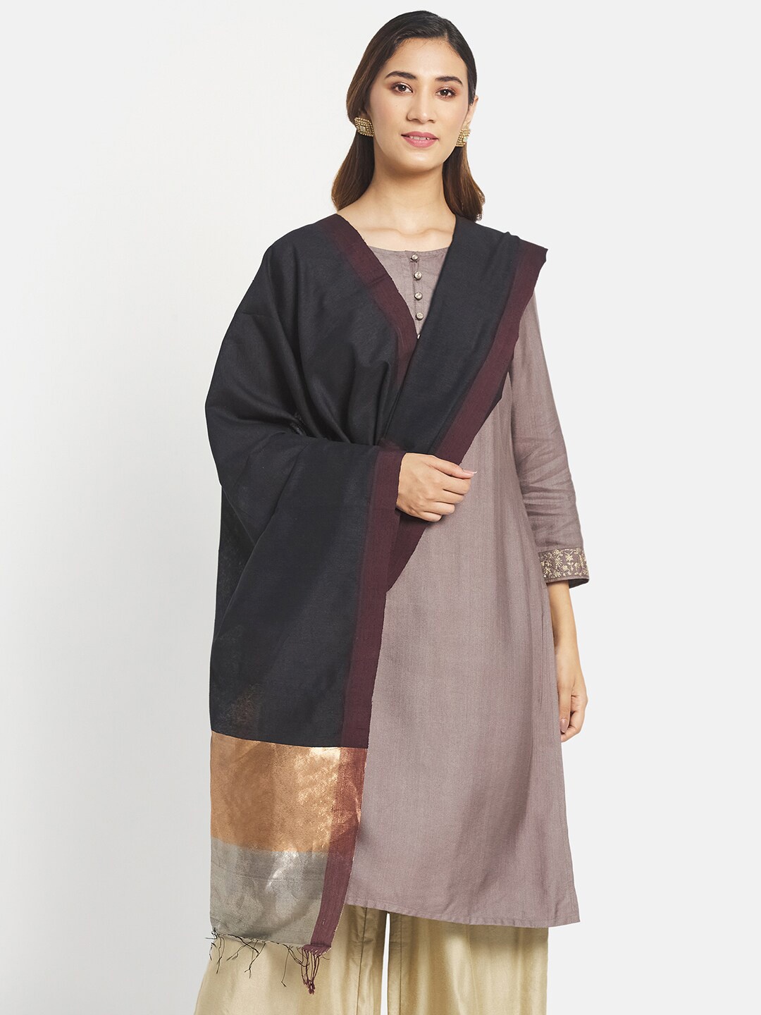 

Fabindia Black & Copper-Toned Pure Silk Dupatta with Zari