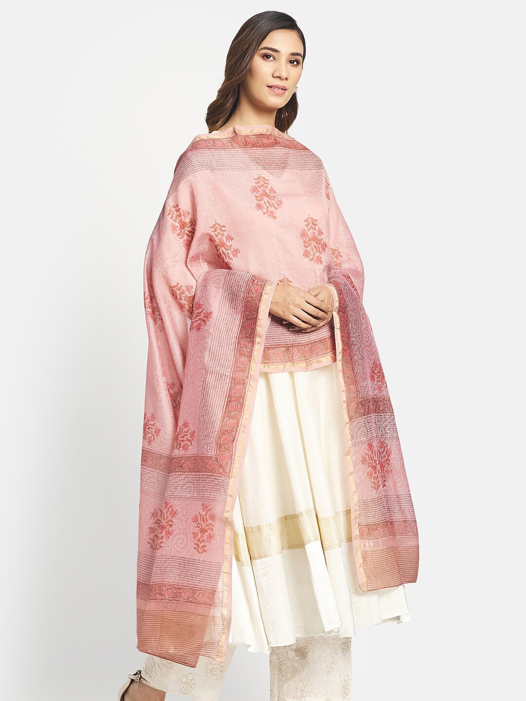 

Fabindia Pink & Gold-Toned Printed Cotton Silk Block Print Dupatta