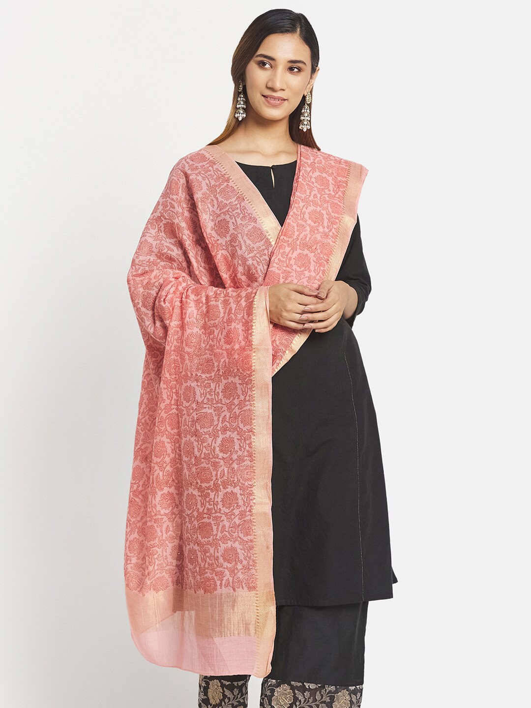 

Fabindia Women Peach & Gold Printed Cotton Silk Block Print Dupatta
