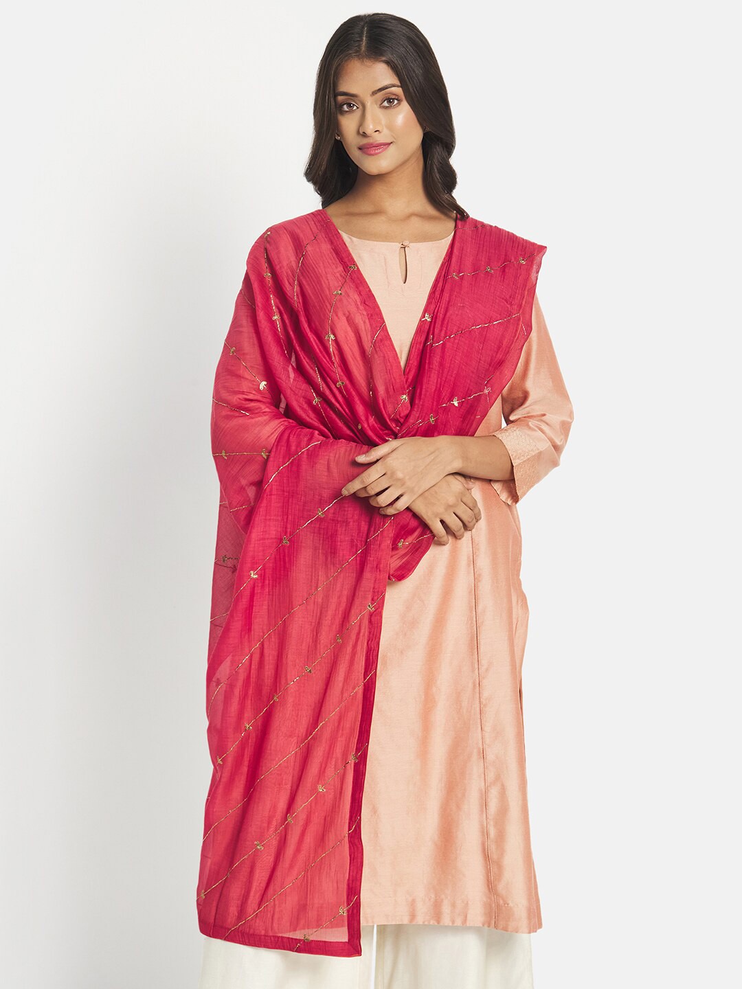 

Fabindia Red & Gold-Toned Embroidered Cotton Silk Dupatta