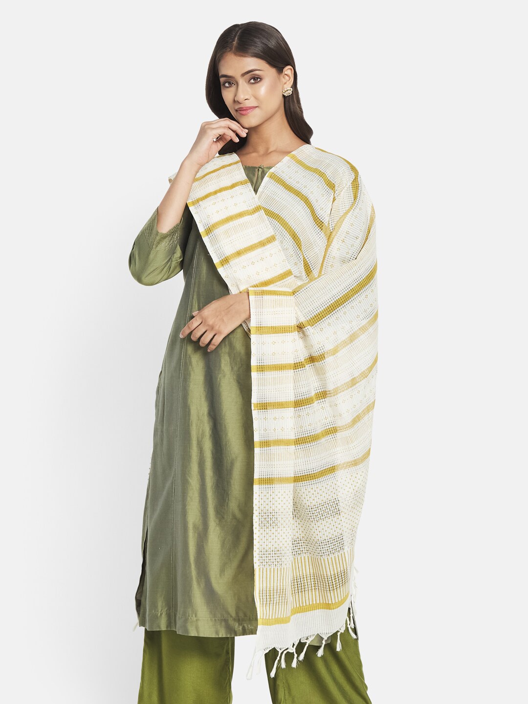 

Fabindia FabBasic Yellow & White Striped Pure Cotton Block Print Dupatta