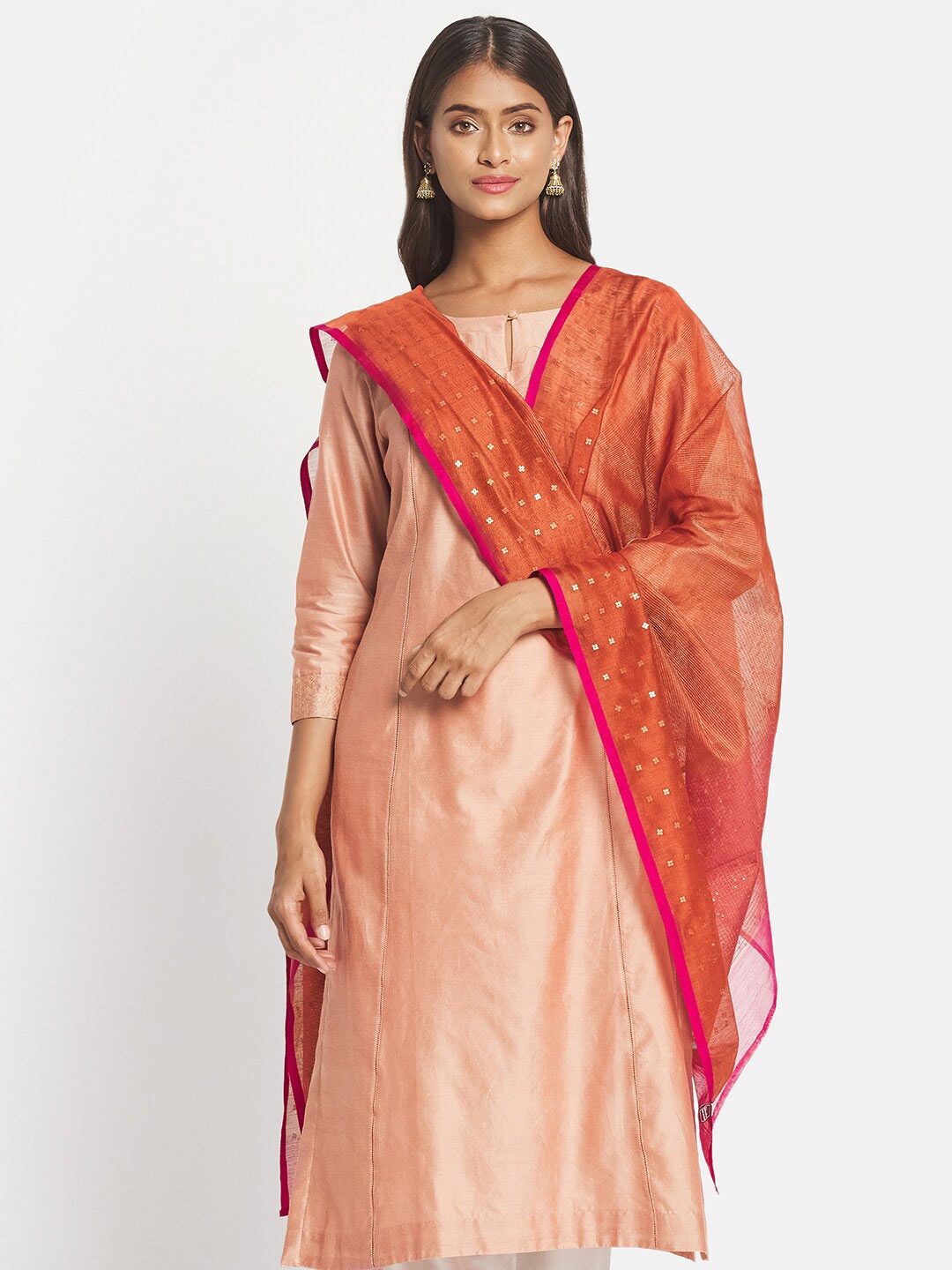 

Fabindia Orange & Gold-Toned Woven Design Cotton Silk Dupatta