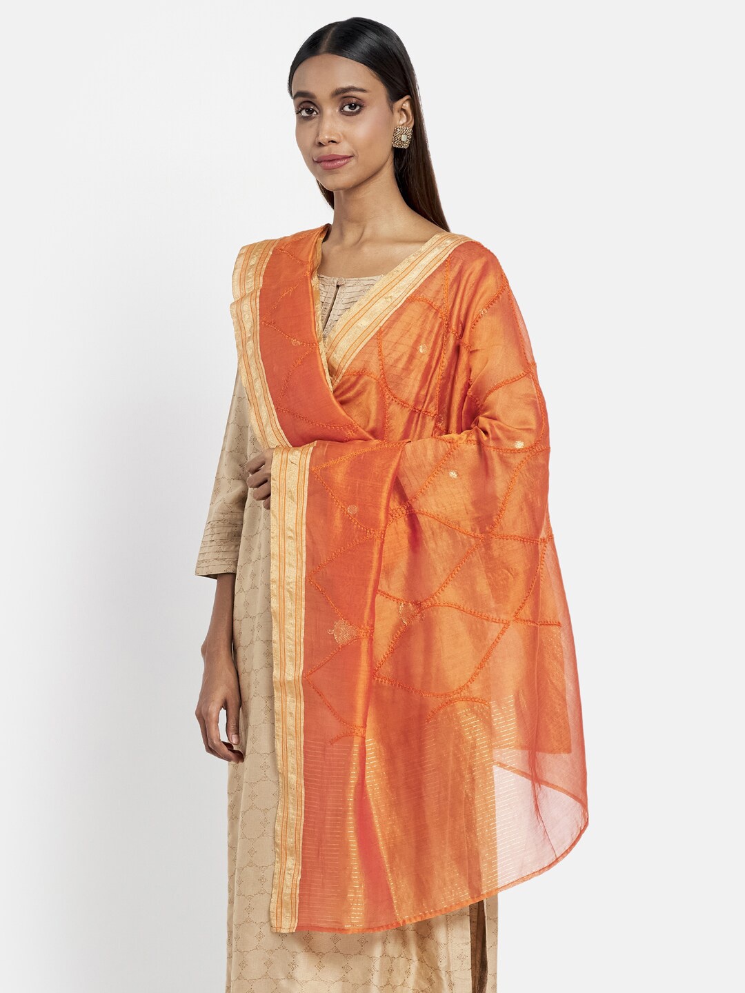 

Fabindia Orange & Gold-Toned Embroidered Cotton Silk Dupatta