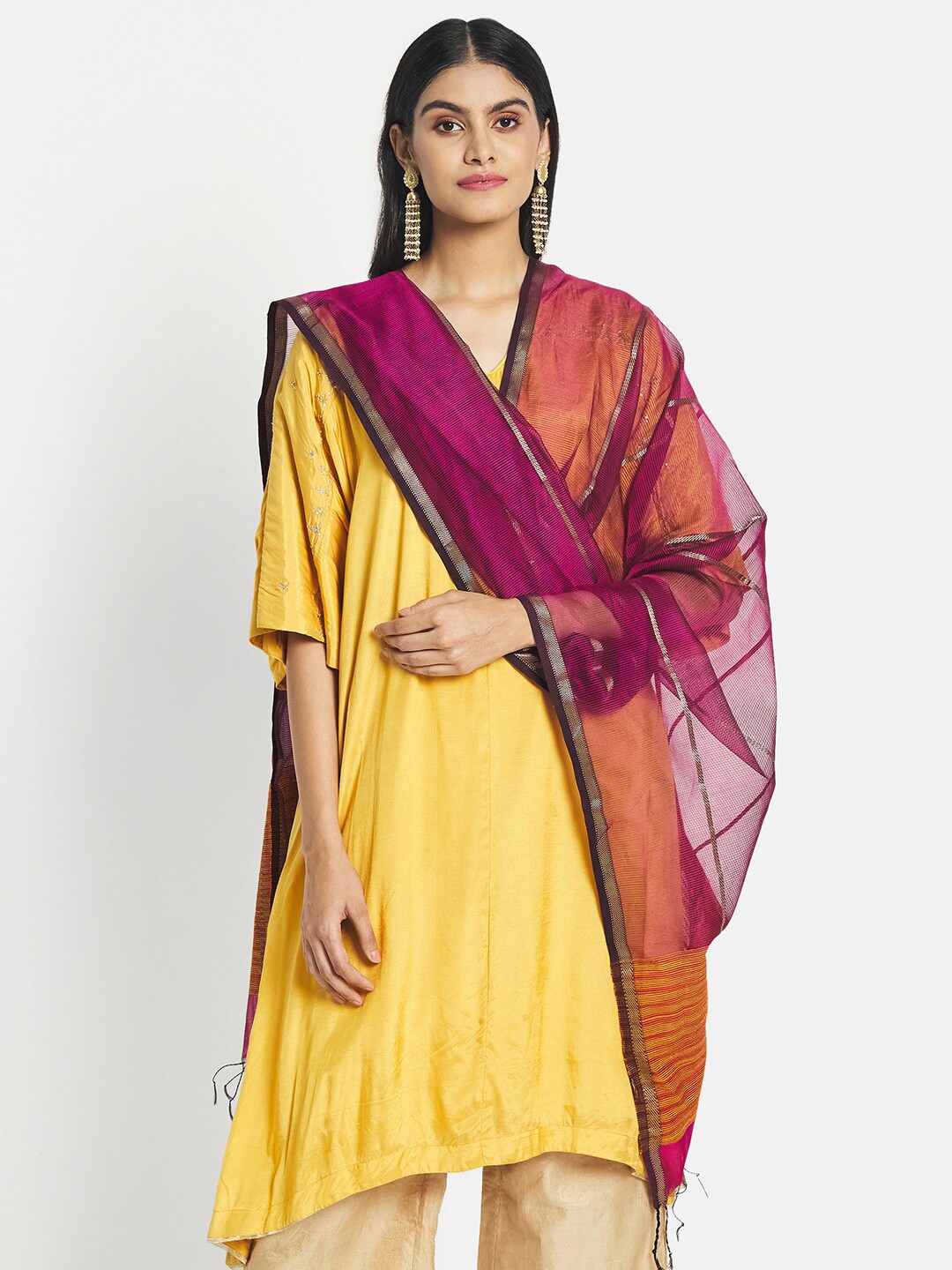 

Fabindia Women Pink & Silver-Toned Woven Design Cotton Silk Dupatta with Zari