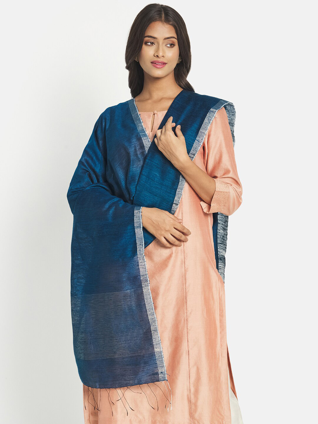 

Fabindia Blue & Silver-Toned Pure Silk Tasselled Dupatta