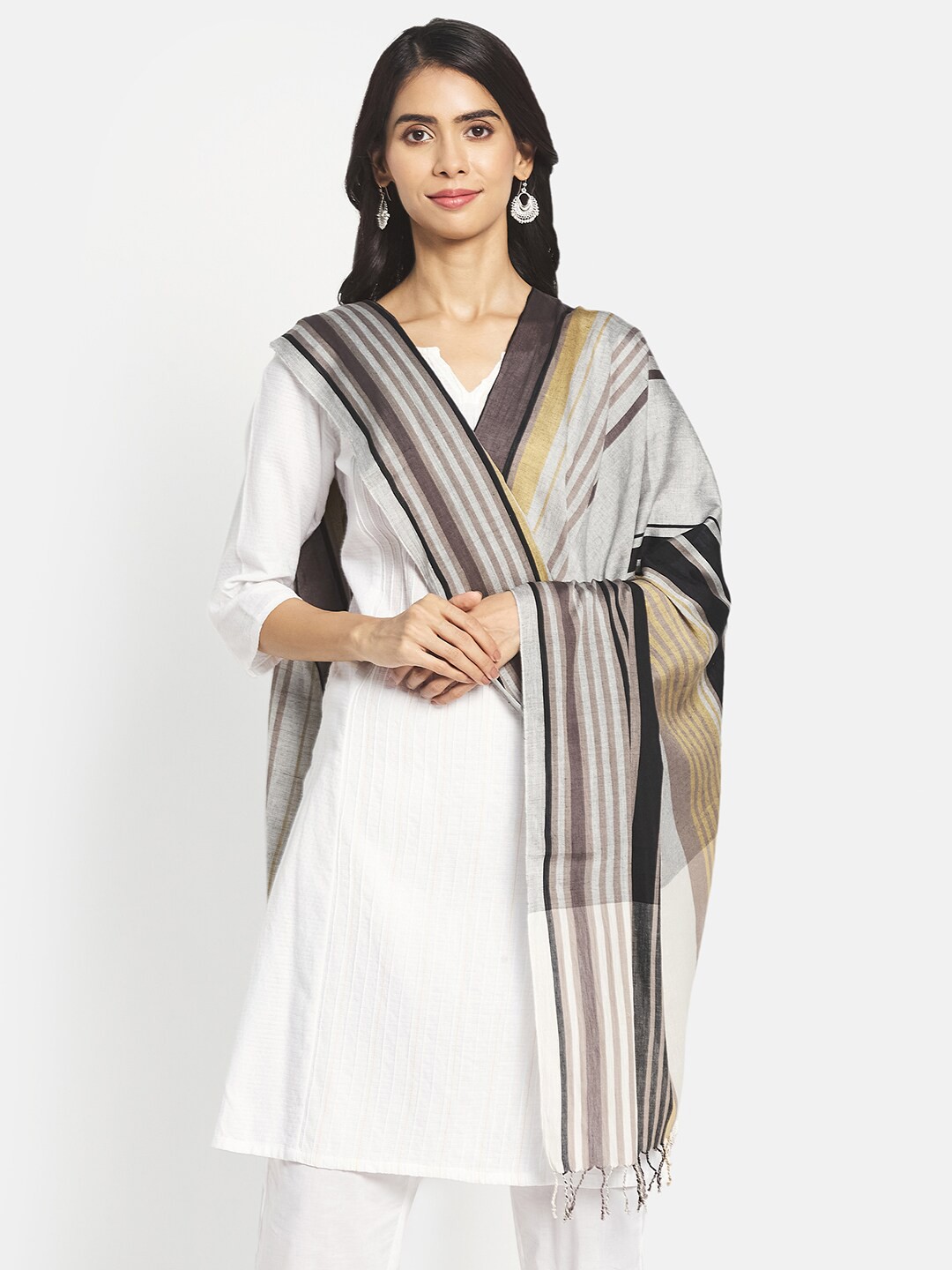 

Fabindia Black & Grey Striped Pure Cotton Dupatta
