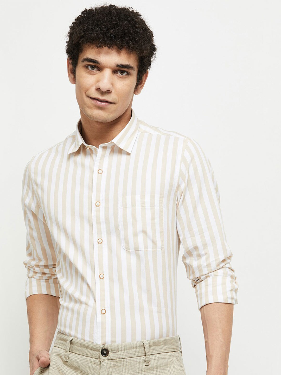 

max Men Beige & White Striped Casual Shirt