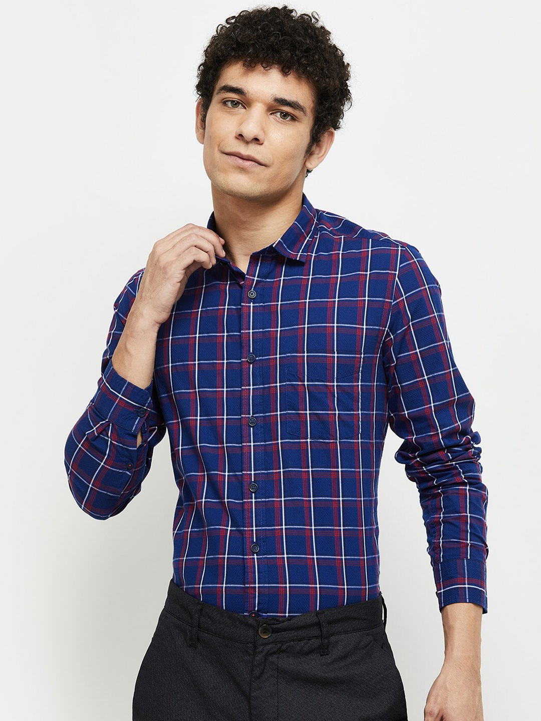 

max Men Blue Tartan Checks Checked Casual Shirt