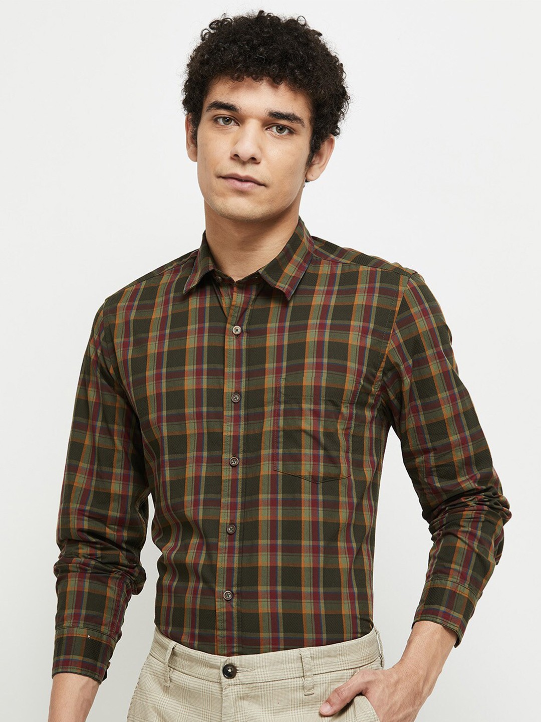 

max Men Green Tartan Checks Checked Formal Shirt