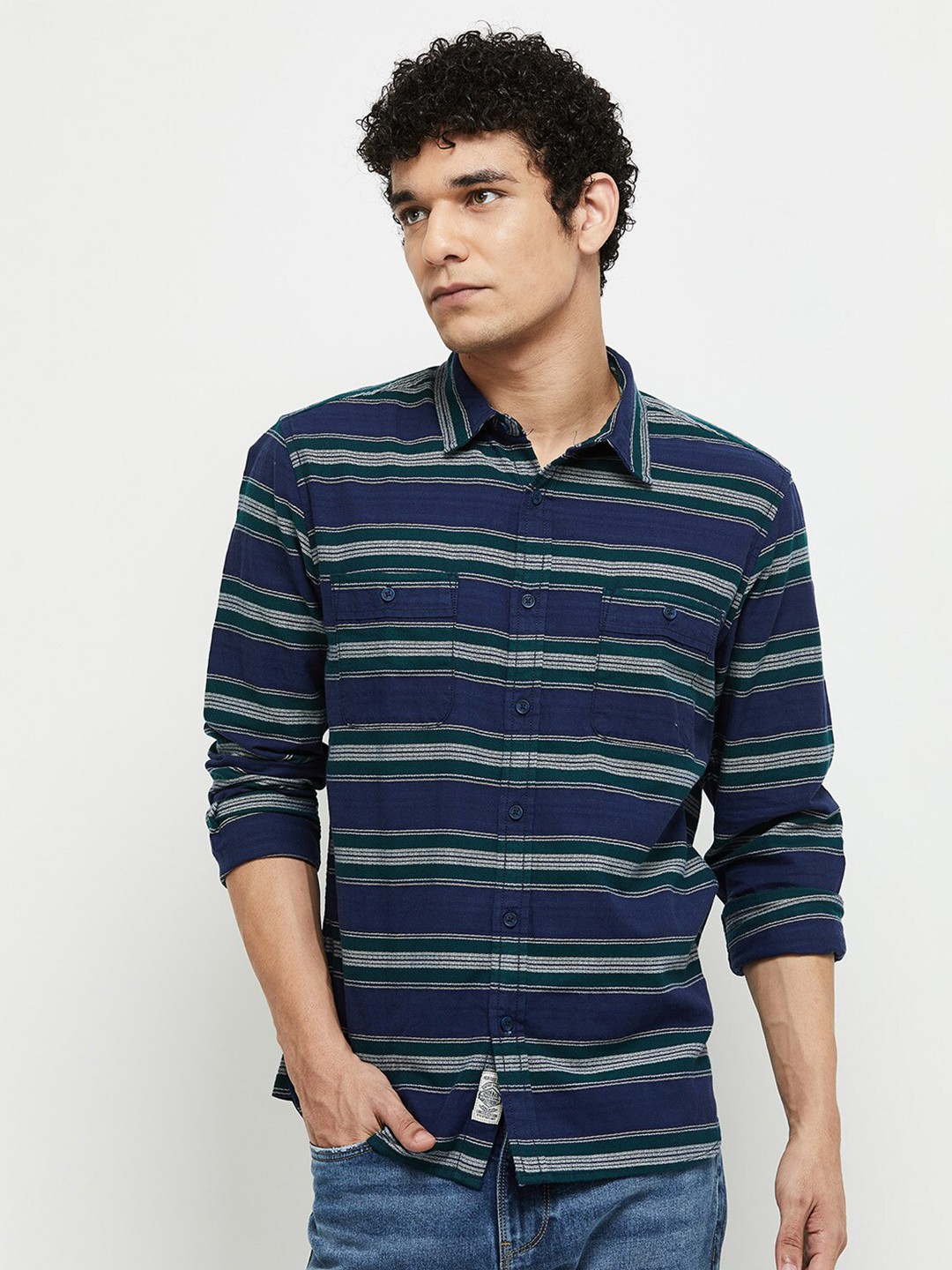 

max Men Blue Horizontal Stripes Cotton Casual Shirt