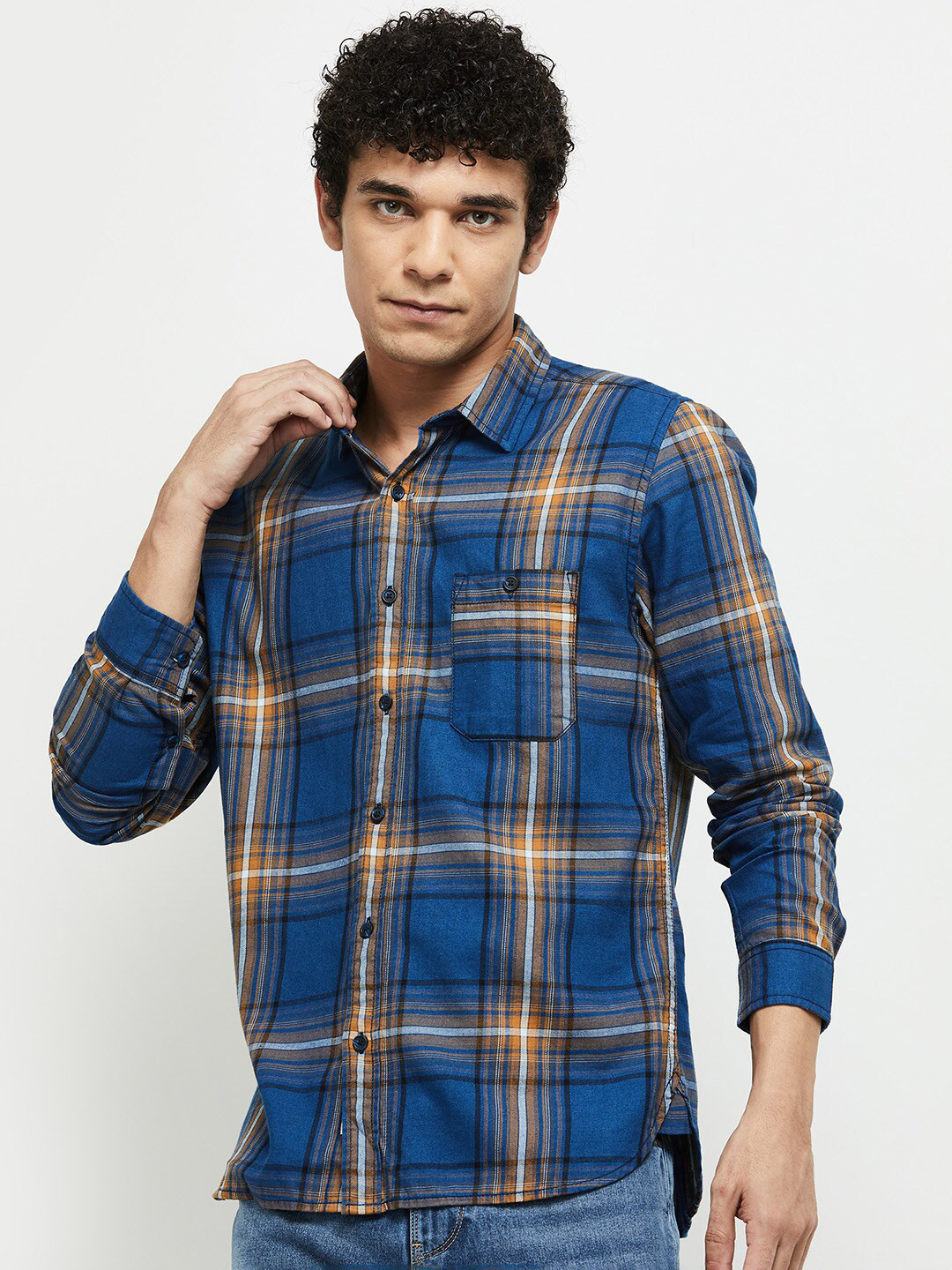 

max Men Blue Tartan Checked Pure Cotton Casual Shirt