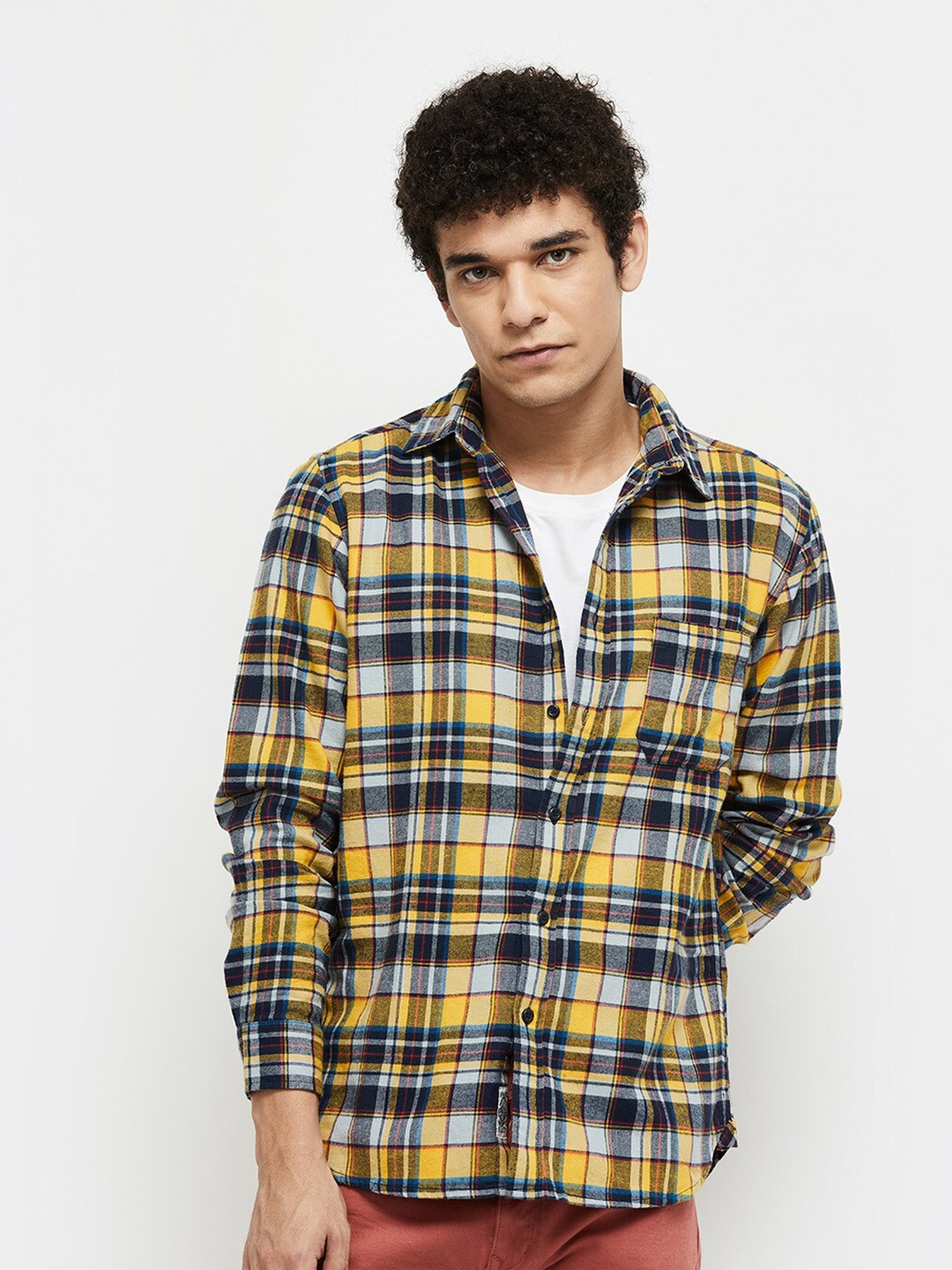 

max Men Yellow Pure Cotton Checked Casual Shirt
