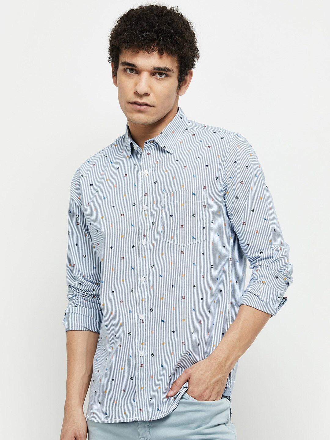 

max Men Blue Printed Cotton Casual Shirt