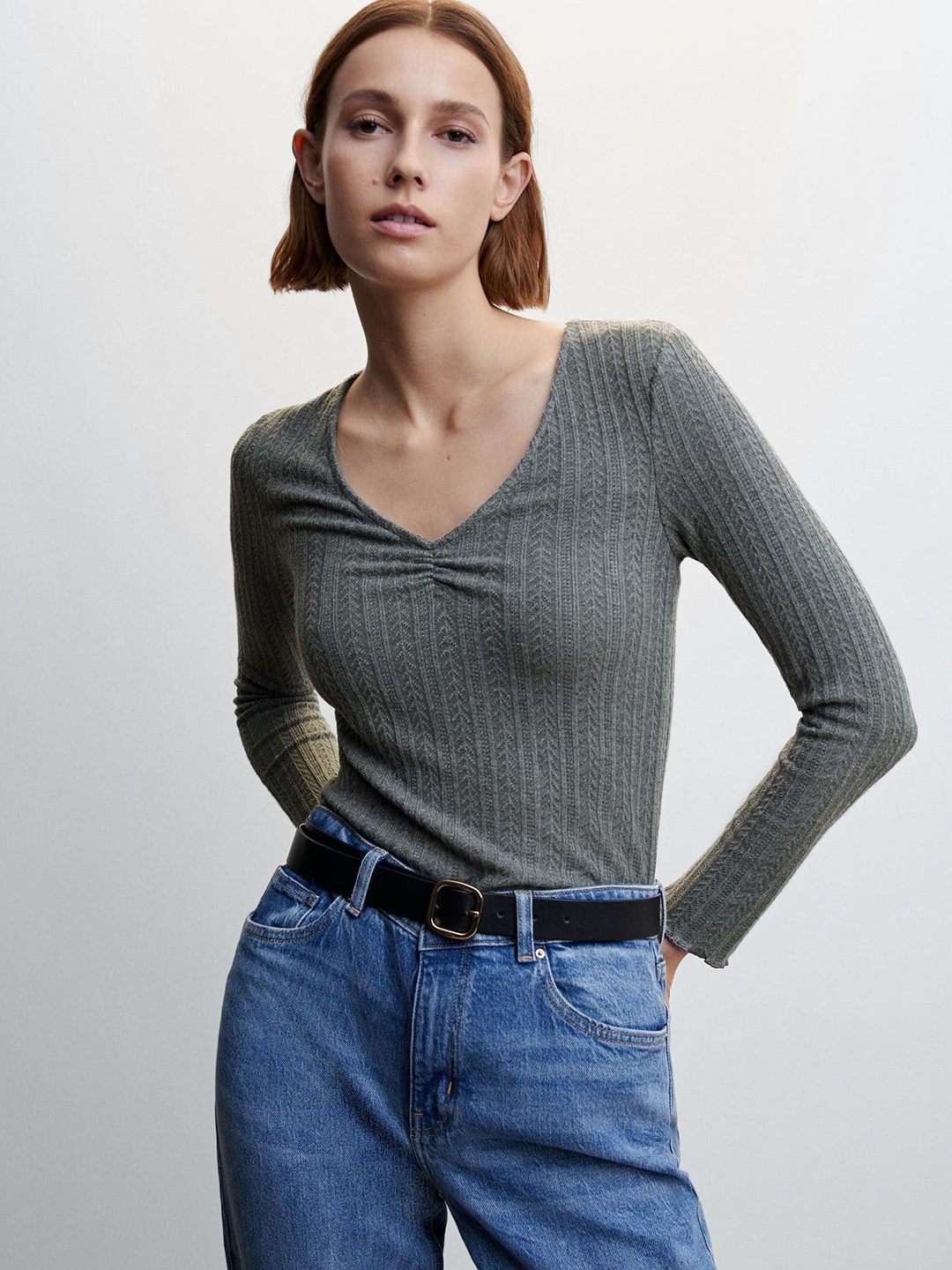 

MANGO Grey Cable Knit Sustainable Top