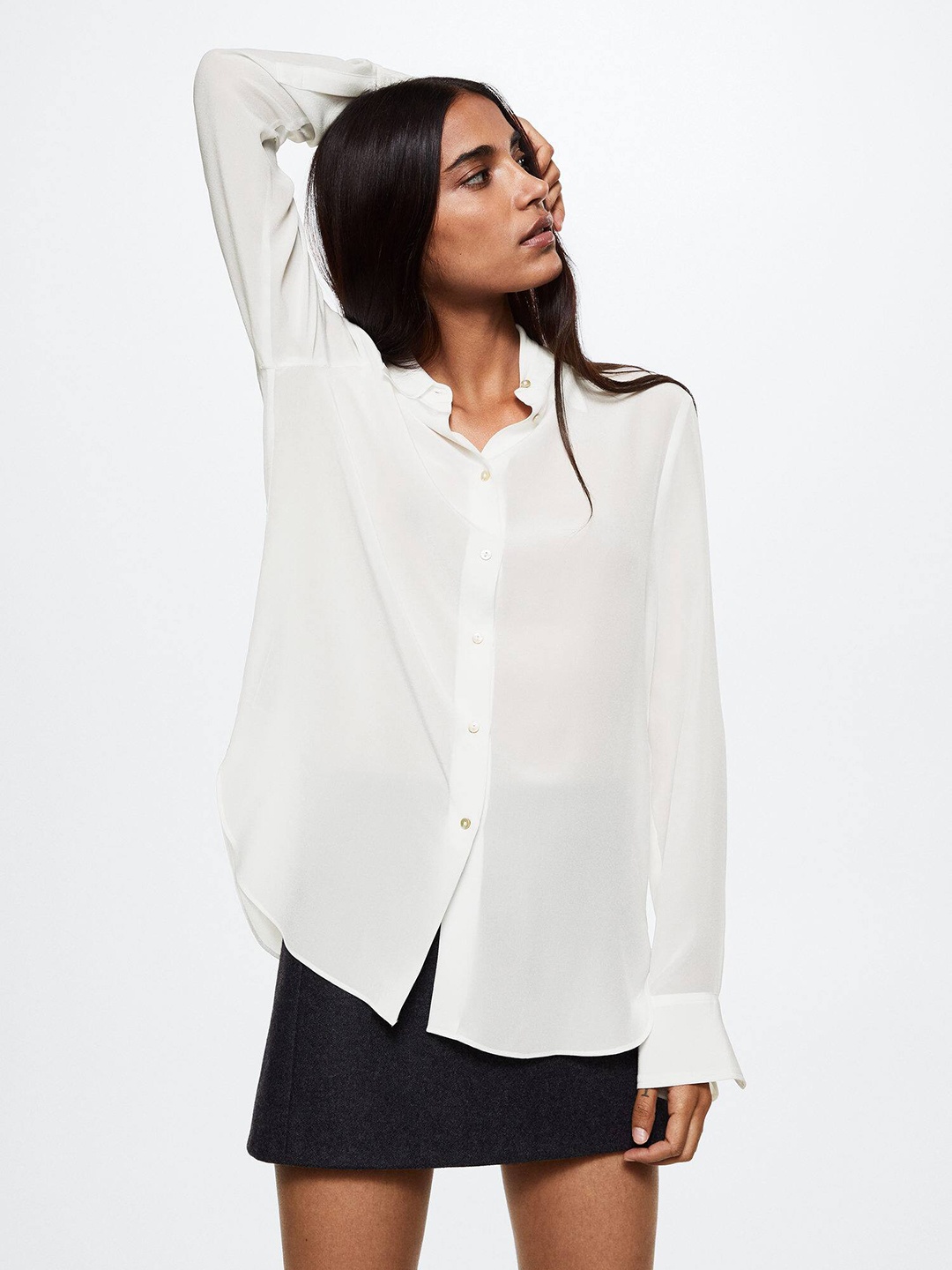 

MANGO Women White Pure Silk Solid Semi Sheer Casual Shirt