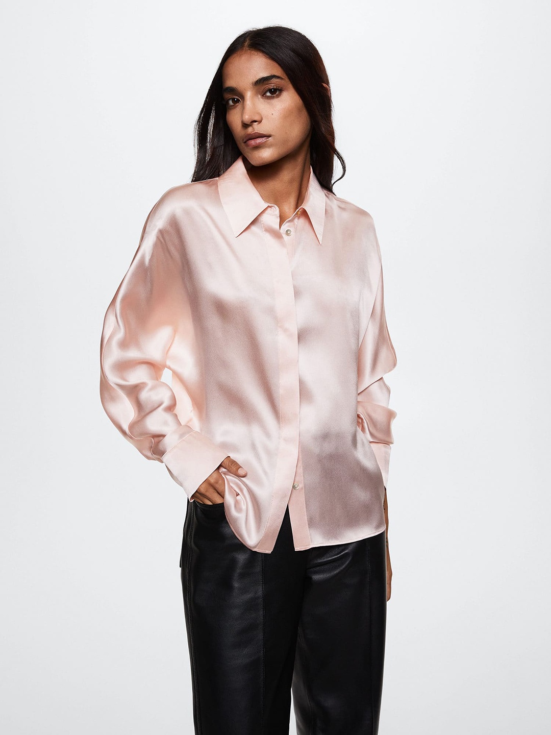 

MANGO Women Pink Pure Silk Solid Casual Shirt