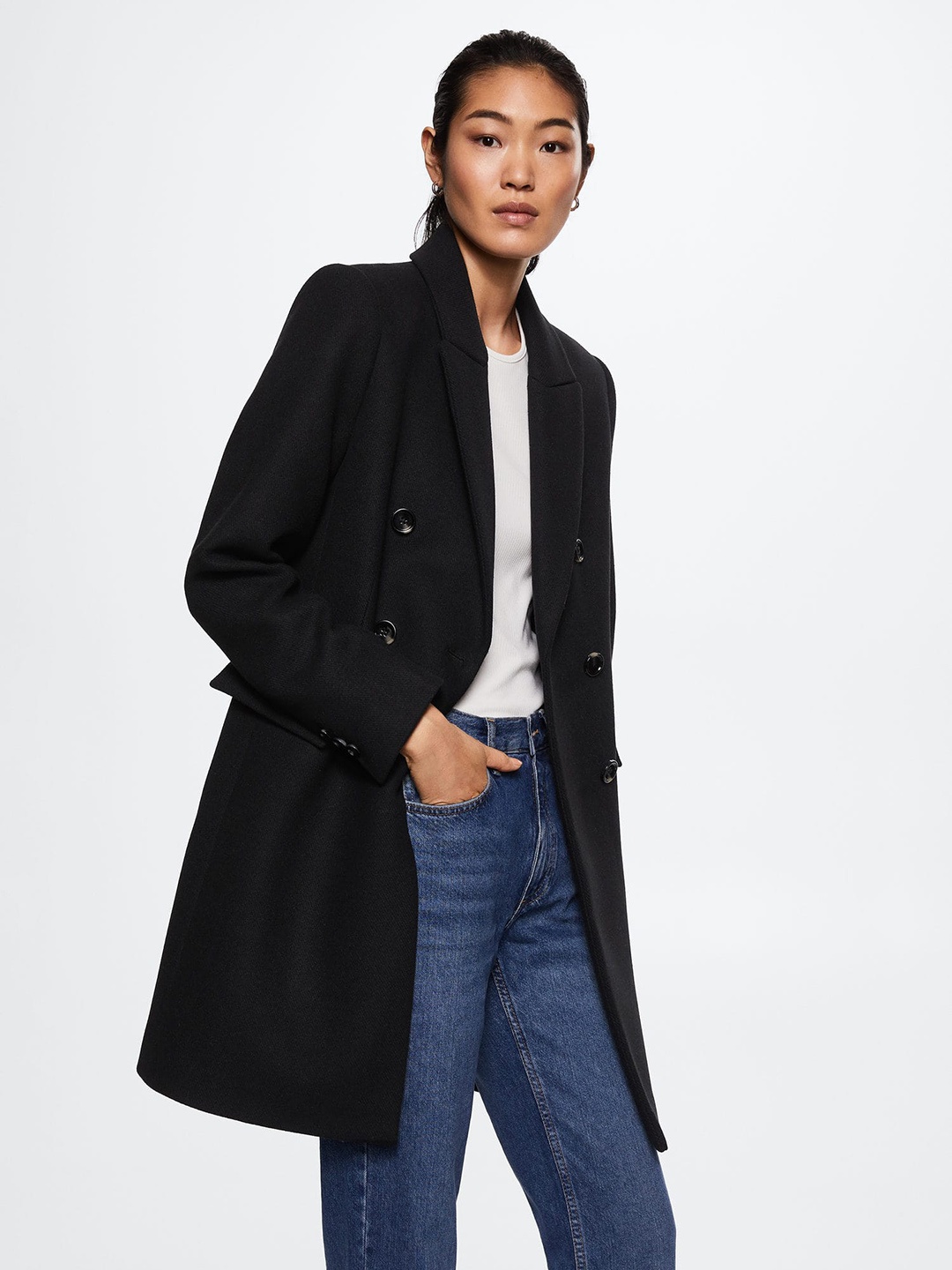

MANGO Solid Wool Double-Breasted Longline Coat, Black