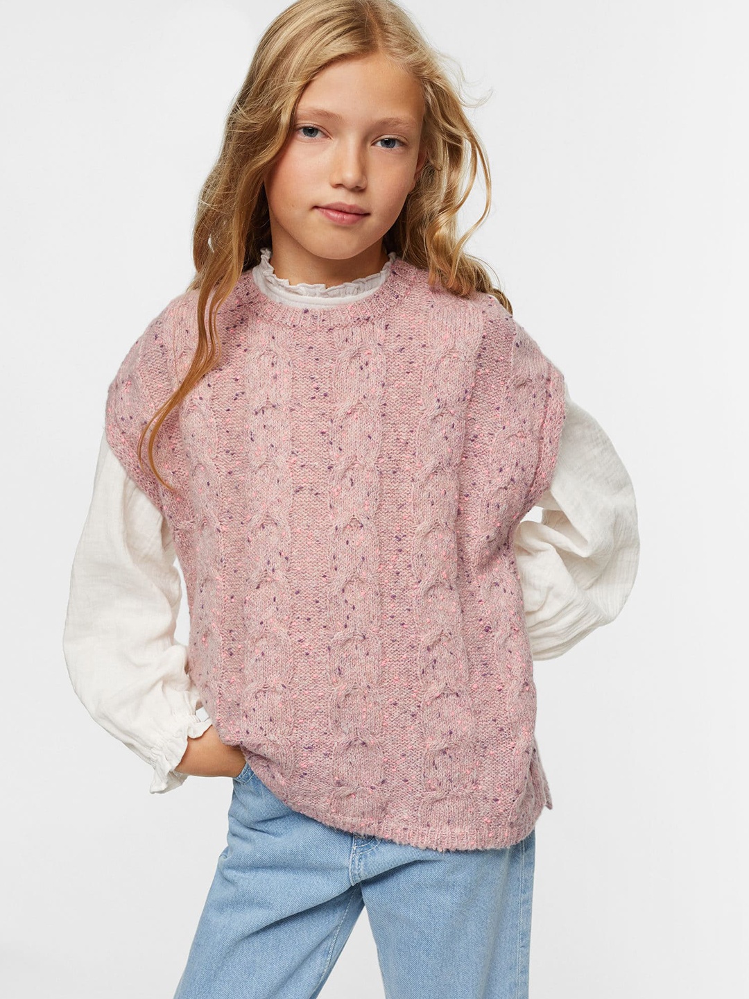 

Mango Kids Girls Cable Knit Sustainable Sweater Vest, Pink