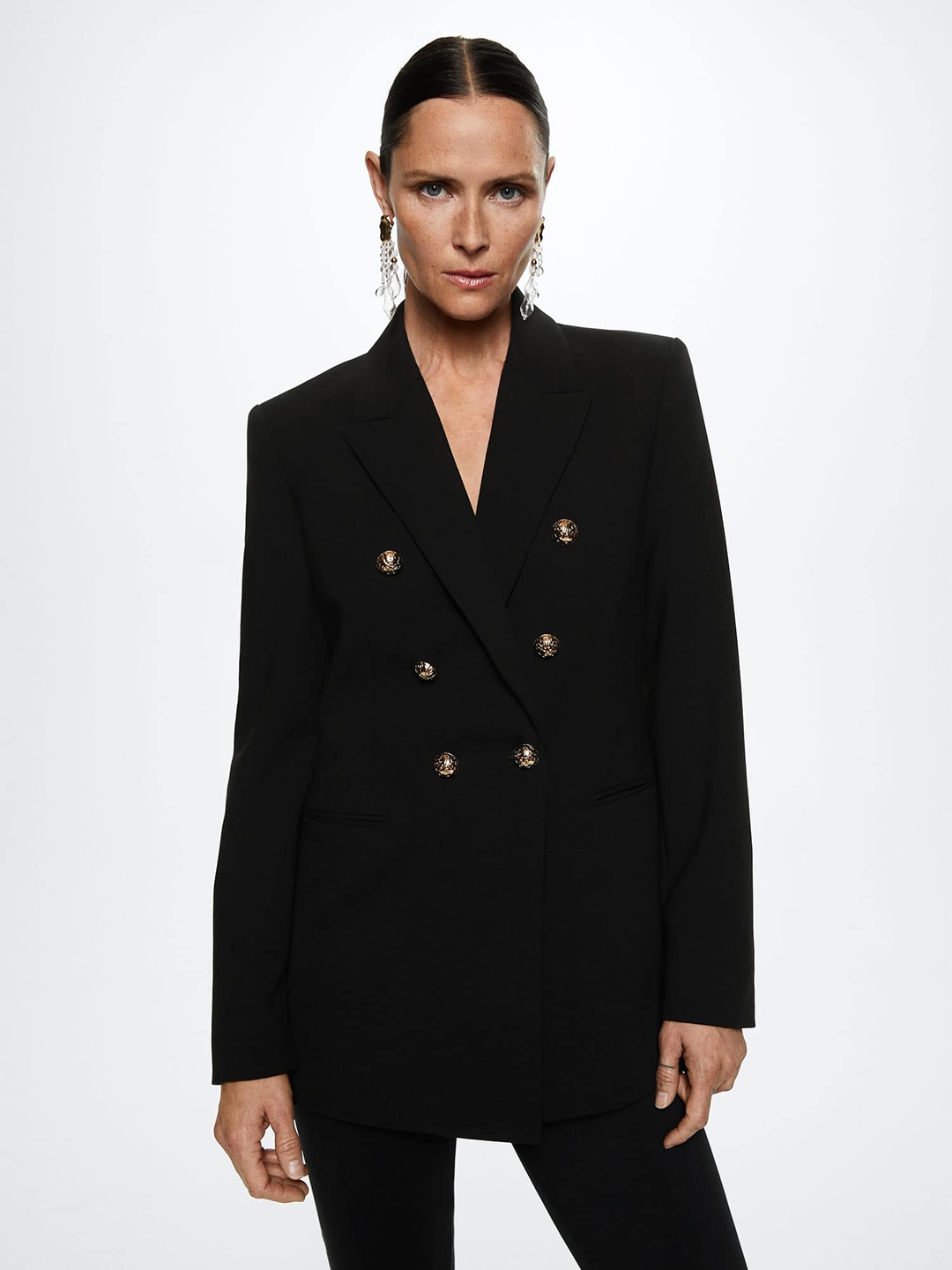 

MANGO Women Black Solid Double-Breasted Blazer