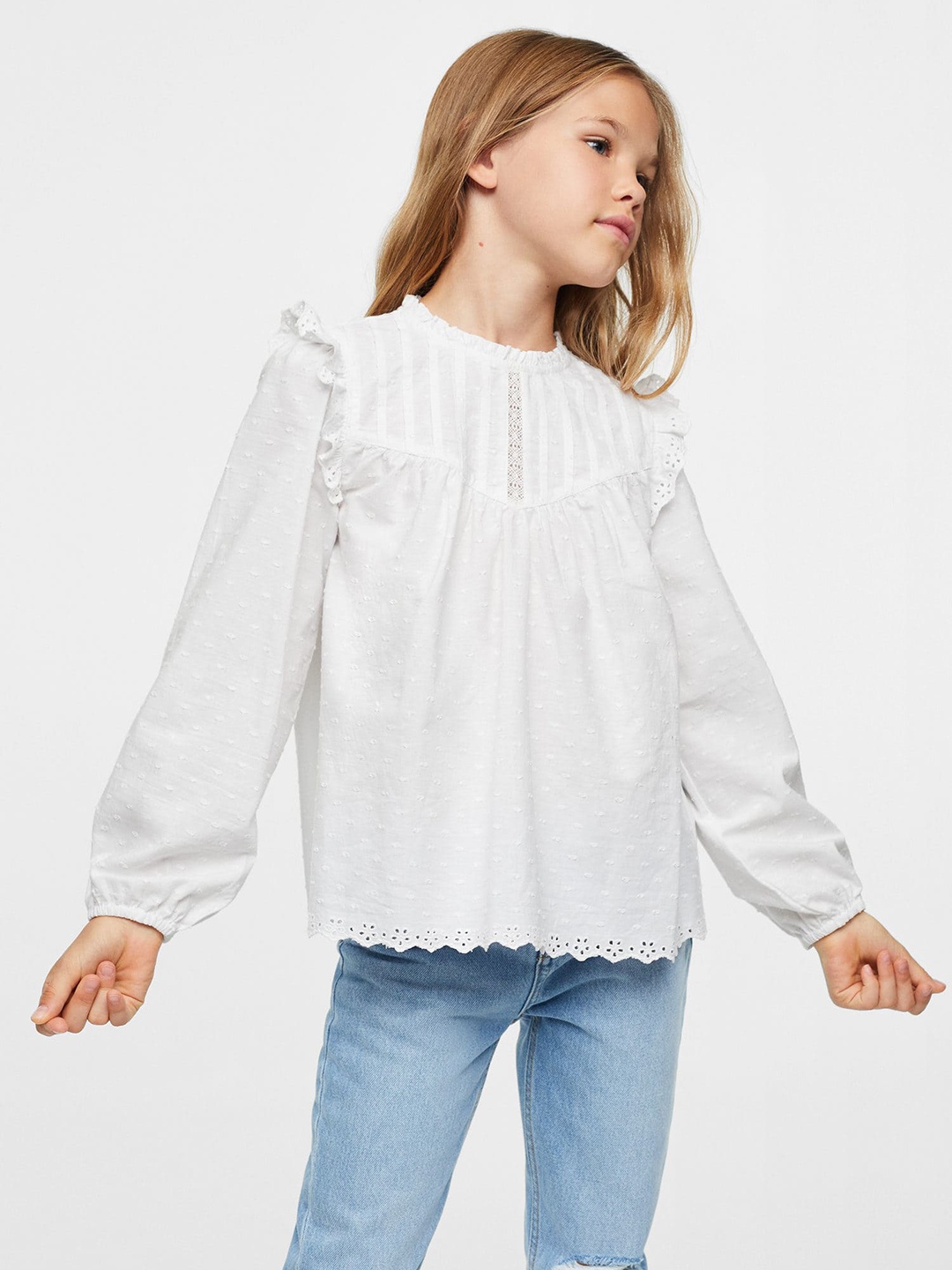 

Mango Kids Girls Round Neck Pure Cotton Sustainable Top, White