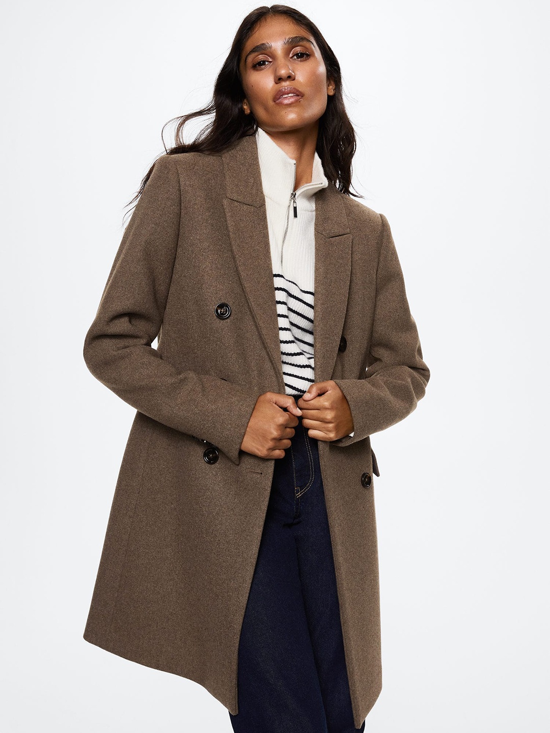 

MANGO Solid Double-Breasted Longline Coat, Brown