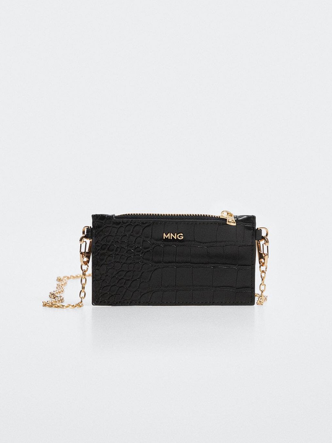

MANGO Women Croc Textured Card Holder With Chain, Black