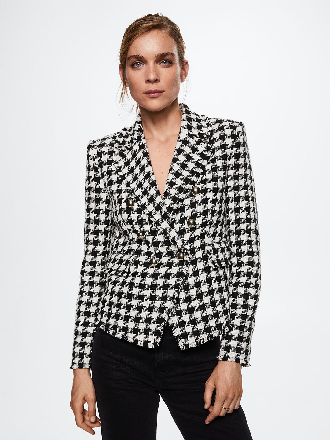 

MANGO Women Black & White Houndstooth Twill Double-Breasted Blazer