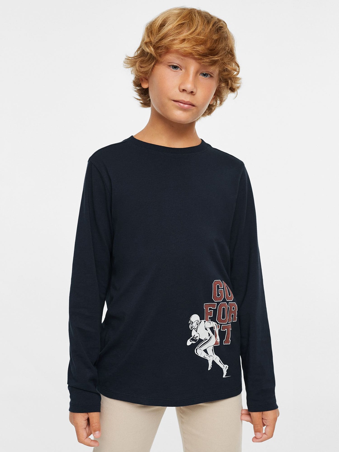 

Mango Kids Boys Typography Printed Pure Cotton Sustainable T-shirt, Navy blue