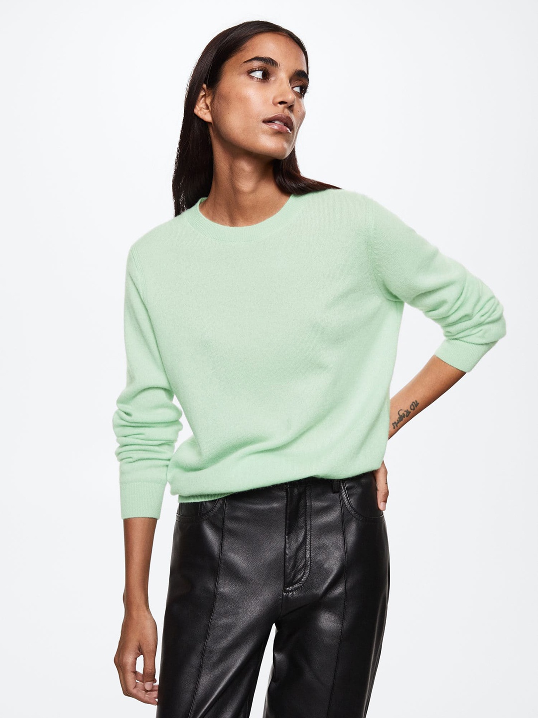 

MANGO Women Sea Green Cashmere Solid Pullover