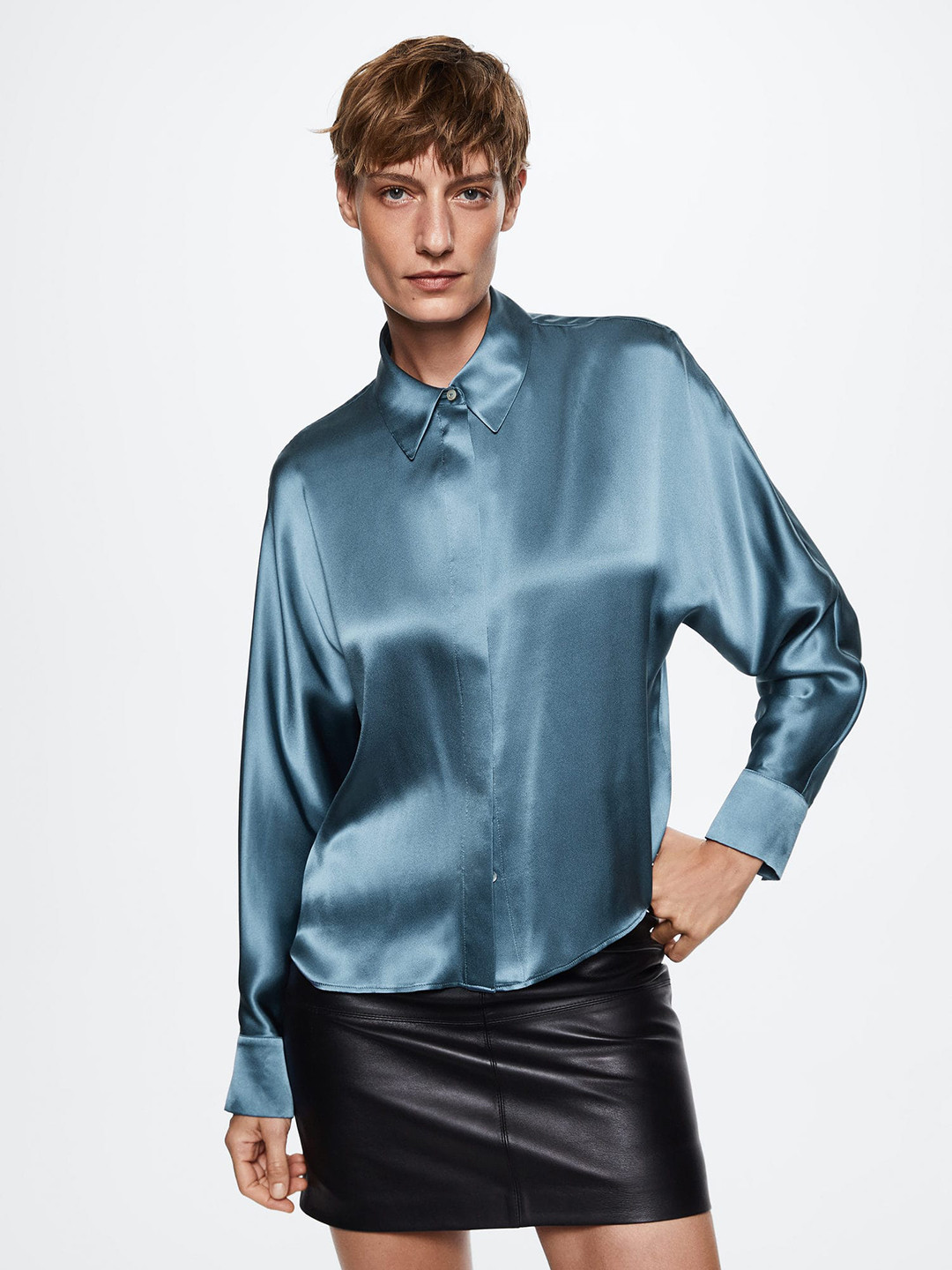 

MANGO Women Blue Pure Silk Solid Casual Shirt