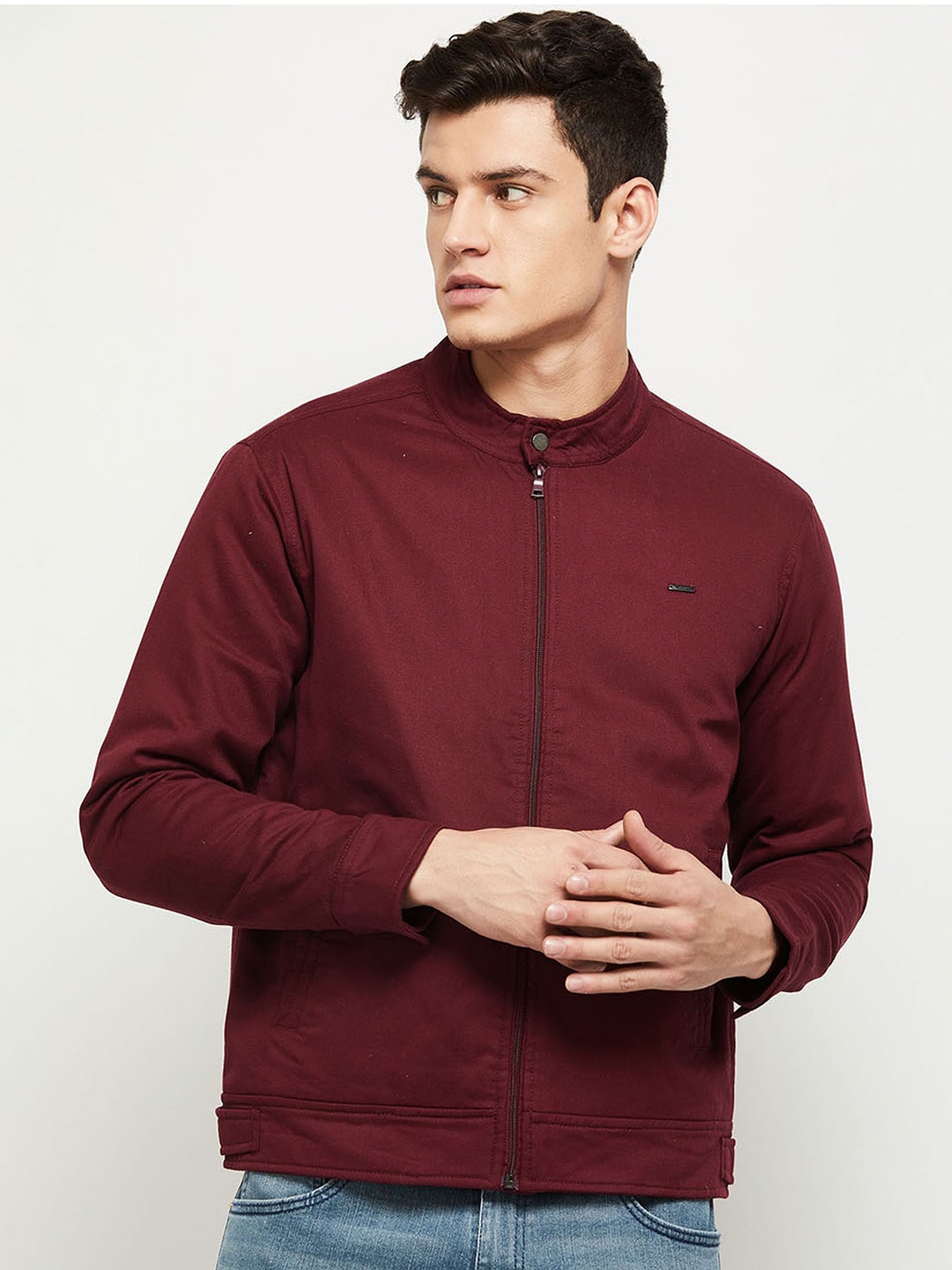 

max Men Maroon Cotton Open Front Jacket